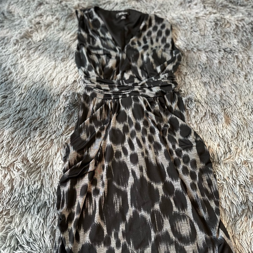 BCX DRESS Black Gray Animal Print Dress Medium Attached Ties at Ruched Waist